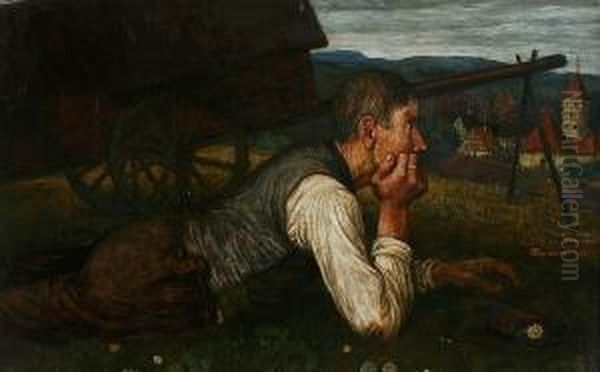 Farmer And Cart In A Field Before A Village - view 1