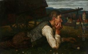 Farmer And Cart In A Field Before A Village by Matthaus Schiestl