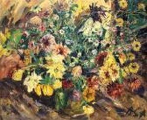 Dahlienstraus, Ruckseitig Adam Und Eva Im Paradies by Albert Schiestl-Arding