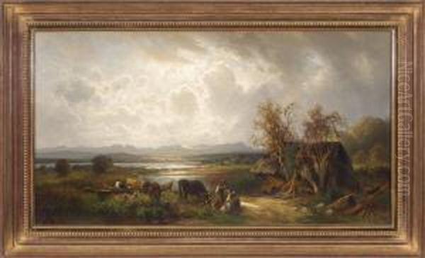 Gewitterstimmung Am Starnberger See Mit Dem Wettersteingebirge Im Hintergrund, Vorn Zwei Bauerinnen Mit Vier Kuhen An Einem Kahn Neben Einer Zerfallenen Hutte - view 1
