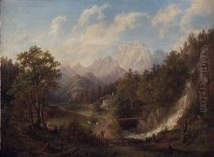 Alpenlandschaft Mit Bauerngehoft Und Figuraler Staffage