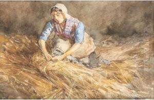 A Woman Kneeling And Carrying A Bunch Of Straw by Martinus Schildt