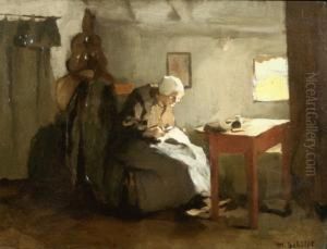 Interieur. Gesigneerd. Vesro Titel 'aan Het Verstellen'