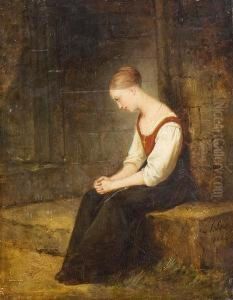 Junges Madchen Mit Gefalteten Handen Auf Kirchenstufe Sitzend by Jeremias Schill