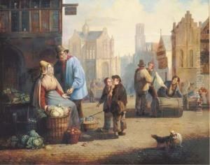 A Vegetable Seller At A Market In A City Centre, Children Playing Nearby