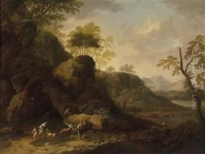 A Mountainous Landscape With Resting Travellers by Maximilian Joseph Schinnagl