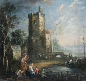 River Landscape With A Round Tower And Staffage Figures.