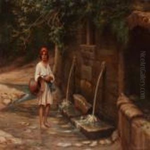 A Italian Woman Collecting Water From A Fountain