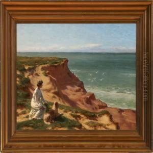 A Woman And Dogenjoying The View Over The Sea by N. F. Schiottz-Jensen