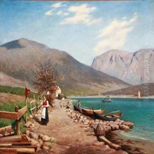 Norwegian Mountain Landscape With A Girl Collecting Her Mail