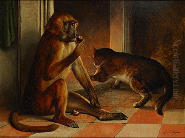 Singe Et Chat Pres Du Feu - view 1