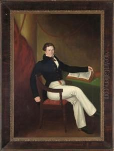 Portrait Of Mr. Hemingway, Seated Full-length, In A Black Coat, At His Desk With His Left Hand Resting On A Book; And Portrait Of Mrs. Hemingway, Seated Full-length, In A White Silk Dress With Pink Scarf And Bonnet, At A Writing Desk by J. Hemingway Schireck