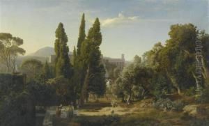 View Over Tivoli With The Cypresses In The Park Of Villa D'este. by Johann Wilhelm Schirmer