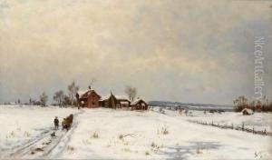 Vinterlandskap Med Gardsbruk Og Folkeliv 1876 by Jacob Oxholm Schiwe Schive