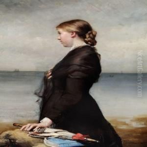 Young Woman At The Sea With A Parasol And A Book