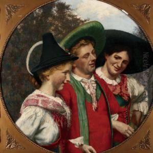 Jongen Met Jonge Twee Vrouwen In Beierse Klederdracht by Adolf Gustav Schlabitz