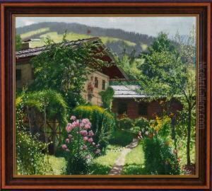 Im Sommerlich Bluhenden Garten Eines Hofes In Brixlegg by Adolf Gustav Schlabitz