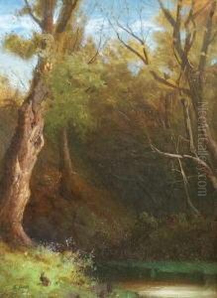 Flusslandschaft Mit Kleinem Hasen. Ol Auf Malkarton. 40,7 X 30,5 Cm. Signiert Sowie Ruckseitig Mit Nachlasstempel. Gerahmt. - view 1