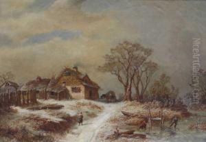 Winterlandschaft Mit Schlittschuhlaufern Und Altem Bauernhaus Winterlandschaft Mit Schlittschuhlaufern Und Altem Bauernhaus