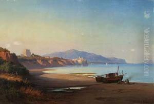 Abendstimmung Uber Italienischer Kuste Mit Rastenden Fischern Vor Einer Stadt by Julius Schlegel