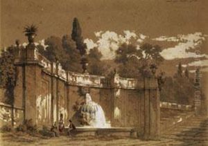 Italienischer Brunnen In Einer Exedra by Julius Schlegel