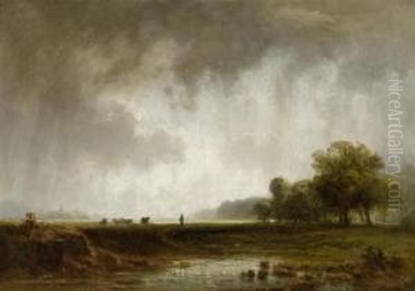 Pond Scene With Herd Of Cows - view 1