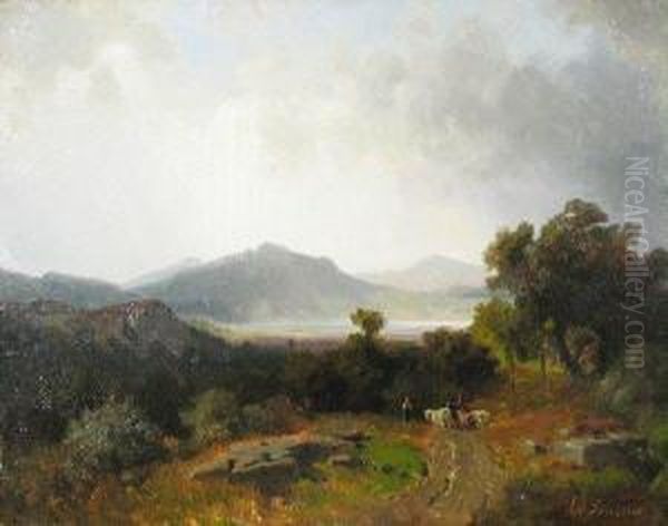 Abendliche Berglandschaft Mit Viehtrieb Zum See - view 1