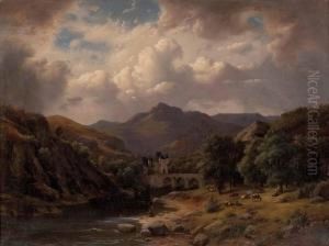 Hirtin Und Angler In Bewalderter Tallandschaft by Schleich Eduard I & Bach Alois