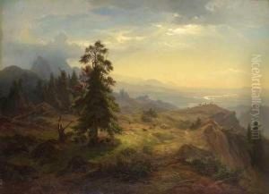 Blick Von Einer Alm Im Gebirge Auf Einen Flusslauf
