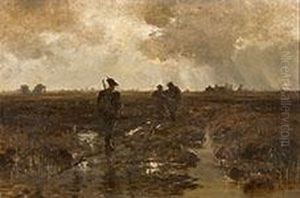 Drei Jager Auf Einer Sumpfigen Wiese Bei Regen by Eduard Ii Schleich