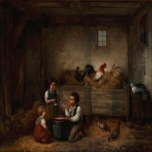 Three Children Blowing Soap Bubbles In A Barn With Chickens - view 1