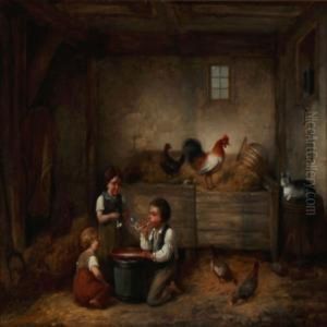 Three Children Blowing Soap Bubbles In A Barn With Chickens by Christian Andreas Schleisner