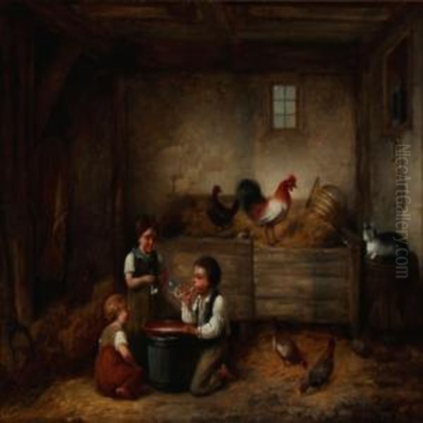Three Children Blowing Soap Bubbles In A Barn Withchickens - view 1