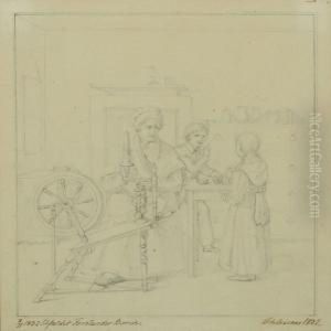 Interior With Children And Woman by Christian Andreas Schleisner