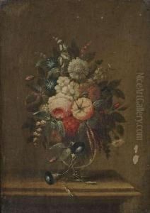 Stilllifes With Flowers In A Glass Vase On A Table. by Adam Johann Schlesinger