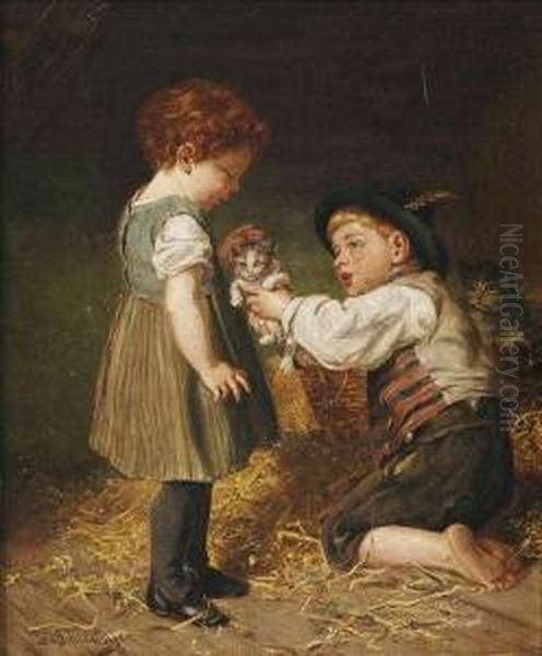 Two Children With Kittens In A Stable - view 1