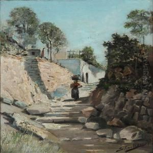 Summer Day In Italy With A Woman On A Road by Carl Schlichting-Carlsen
