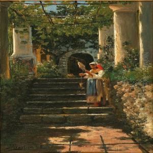 An Italianwoman With A Spindle On A Staircase