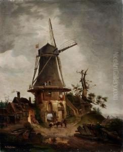 Norddeutsche Landschaft Mit Windmuhle. Mid 19th Cent by August Schliecker