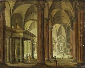 An Interior Of A Classical Church With Elegant Figures