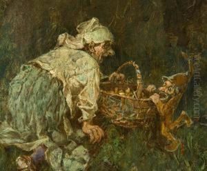 Zwerge Und Pilzsammlerin Im Wald by Heinrich Schlitt