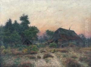 Heidelandschaft Mit Bauernhaus Und Personenstaffage In Der Dammerung Heidelandschaft Mit Bauernhaus Und Personenstaffage In Der Dammerung
