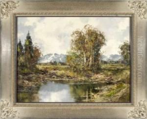 Blick Uber Einen Weiher In Bewaldeter, Voralpiner Herbstlandschaft by August Schmid