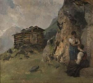 Deux Jeunes Filles Pres Du Cabanon A Fimbertac by Mathias Schmid