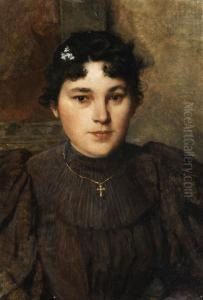 Portrait Eines Dunkelhaarigen Madchens In Schwarzem Kleid Mit Kreuz An Der Halskette by Mathias Schmid