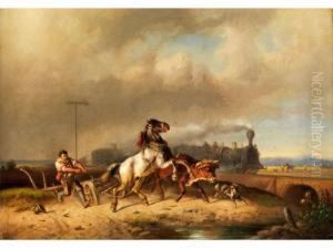 Pflugender Bauer Vor Eisenbahn by Adolf Schmidt