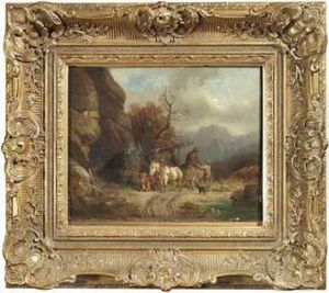 Two Peasants Loading A Horse-drawn Vehicle In A Mountainous Landscape. Oil/panel, Signed by Adolf Schmidt