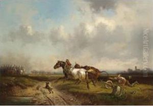 A Ploughing Farmer Disturbed By Approaching Soldiers by Adolf Schmidt