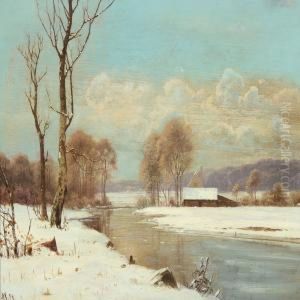 Wintry Landscape With A Stream by Alexander Schmidt