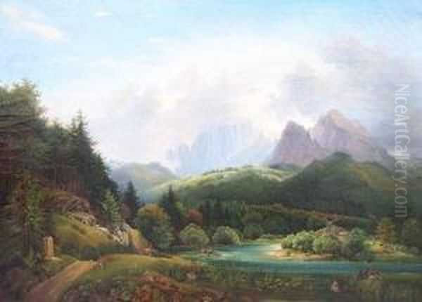 Flusslandschaft Mit Angler Und Kuhen - view 1